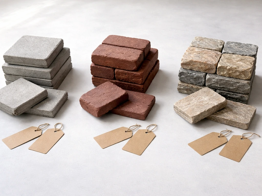 Flat-lay of concrete, brick, and natural stone patio blocks on a neutral surface with no text.