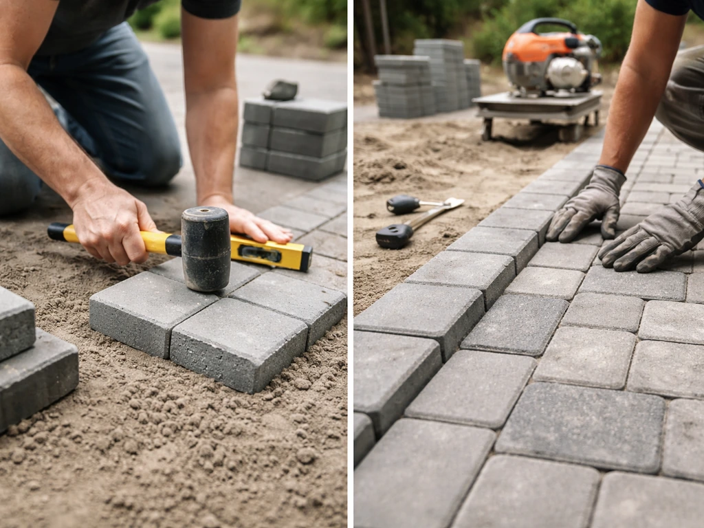 Homeowner using rubber mallet on concrete pavers beside a contractor crew laying pavers with a saw