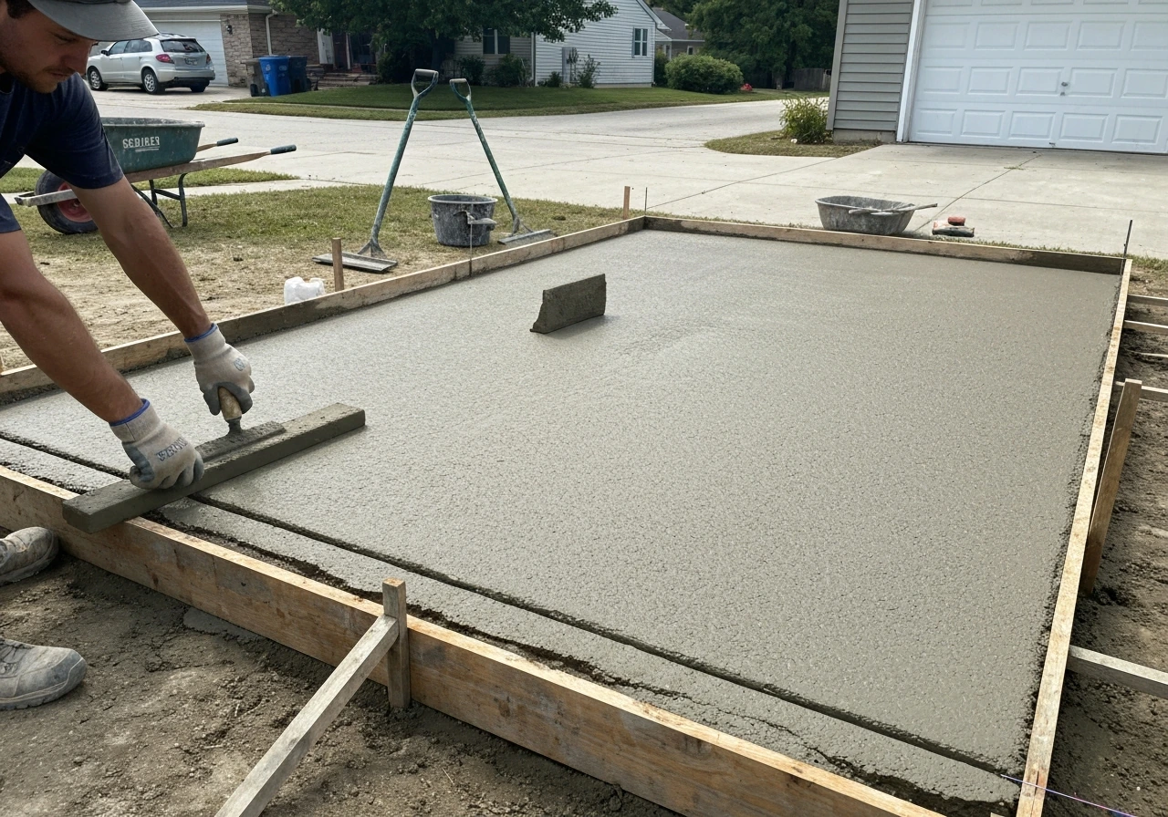 Fresh concrete patio pour with compacted base, tools, and screed finishing on a rectangular patio area.