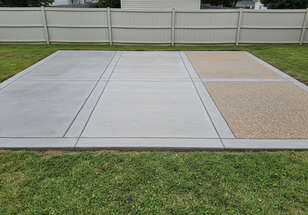 Side-by-side view of three simple concrete patio finish options: basic, mid-range, and premium with clean yard backdrop.