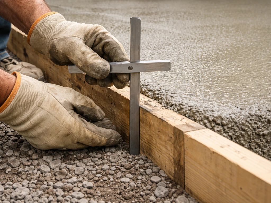 Gloved hands measuring patio slab depth with a gauge next to an edge form and concrete base.
