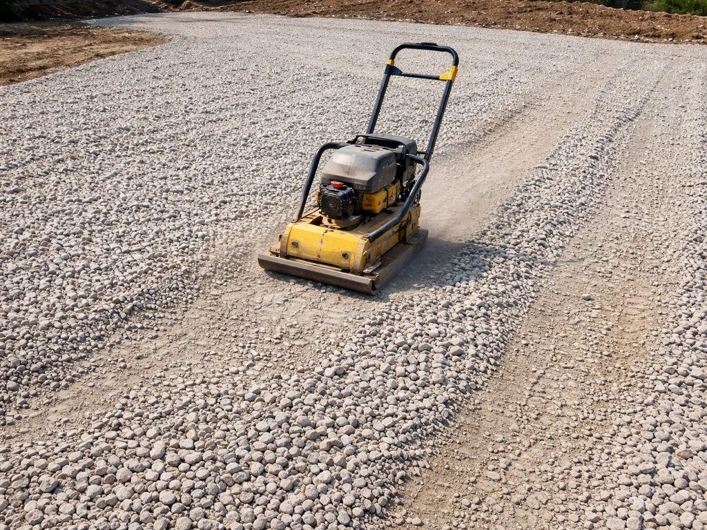 Plate compactor compressing a fresh gravel base layer before concrete placement