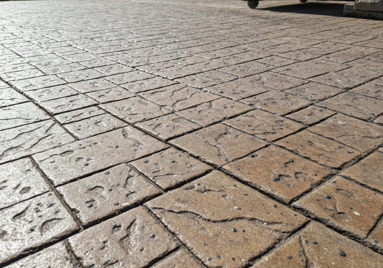 Close-up of stamped and stained concrete showing textured pattern and rich color variations