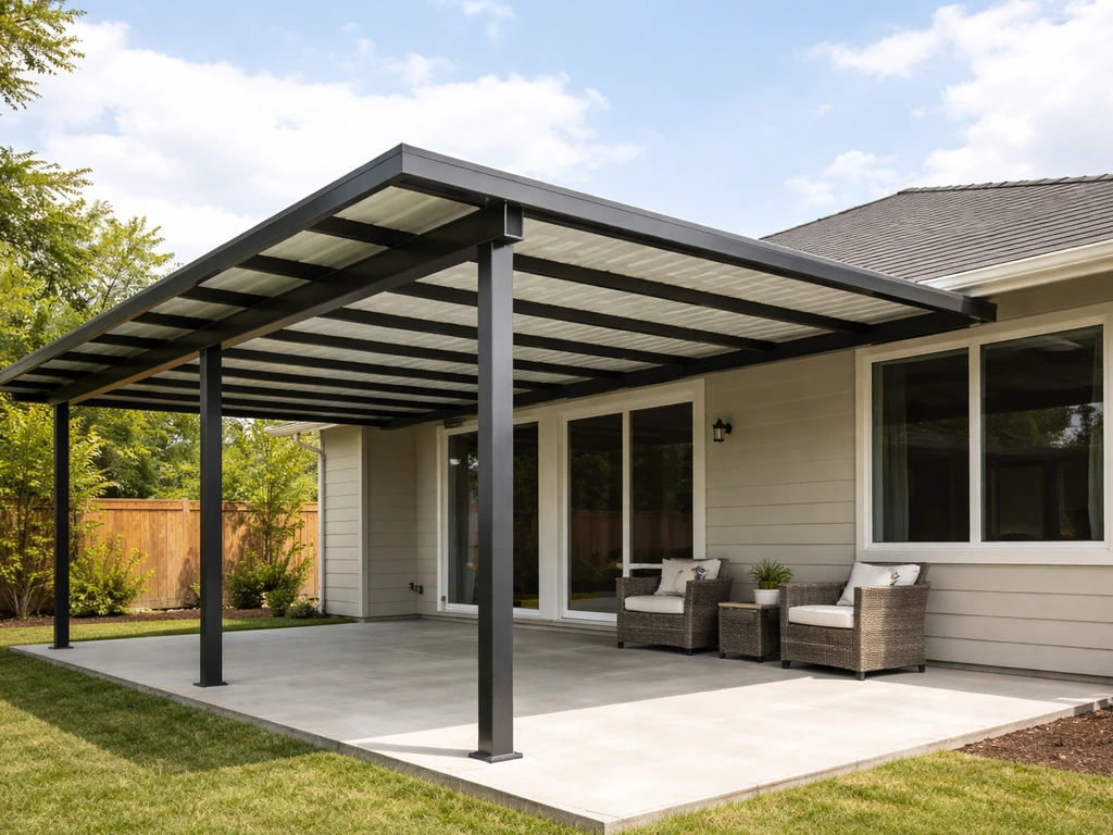 Installed metal patio cover over a home, showing size and roof style in a minimal exterior scene.