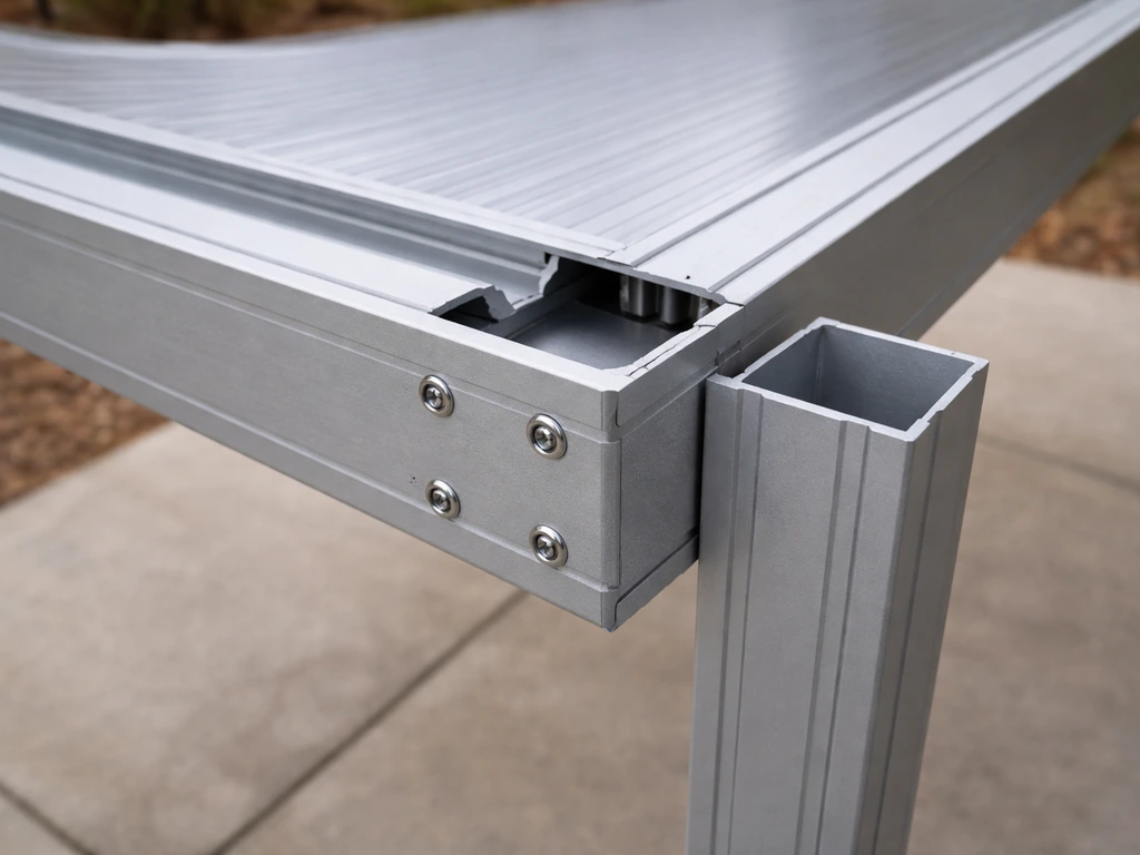 Close-up of aluminum patio cover beams, roof panels, and posts being assembled together outdoors.