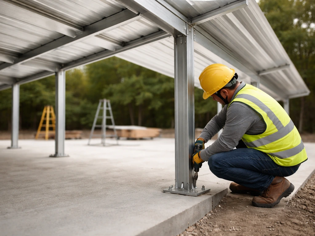 Construction worker fastens an aluminum panel and rafters to posts on a concrete slab site.