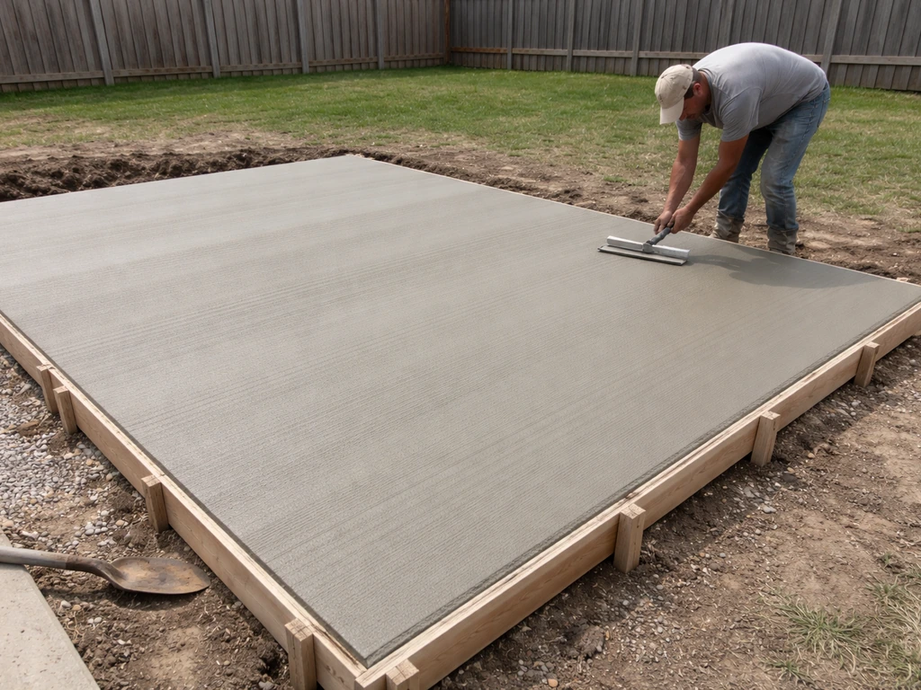 Fresh concrete slab patio being broom-finished in a simple backyard, focused on the concrete texture.