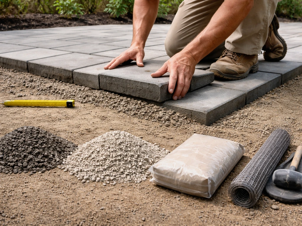 Concrete patio under construction with separated material piles showing different cost buckets.