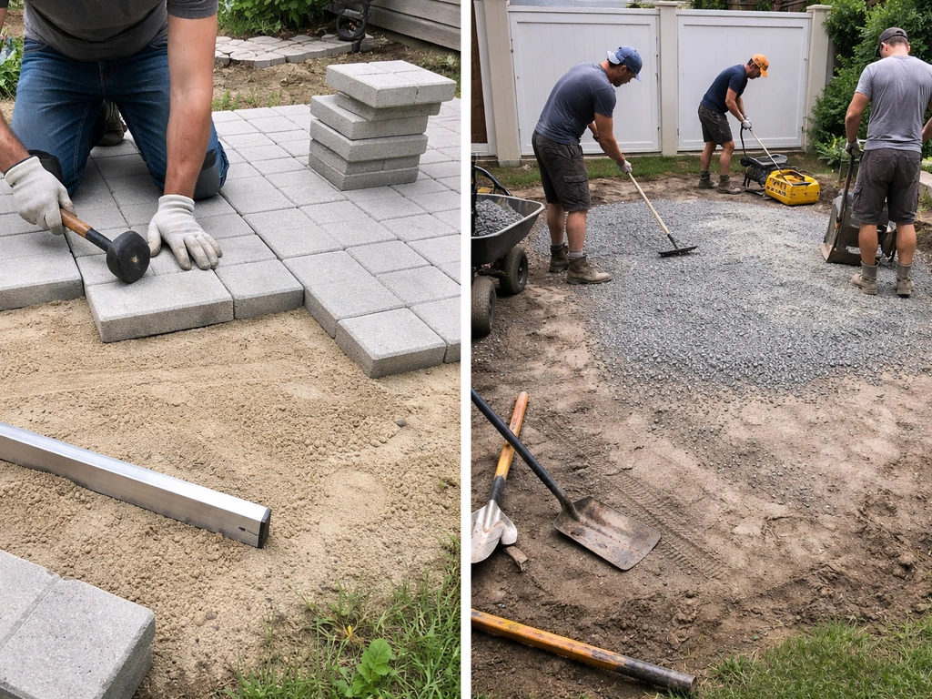 Homeowner laying patio pavers on one side, contractor crew grading and compacting ground on the other.