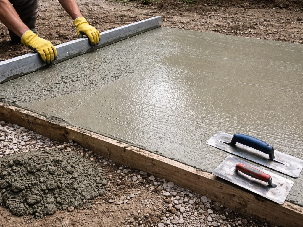 Freshly poured concrete slab with screed board and finishing tools during the active work window