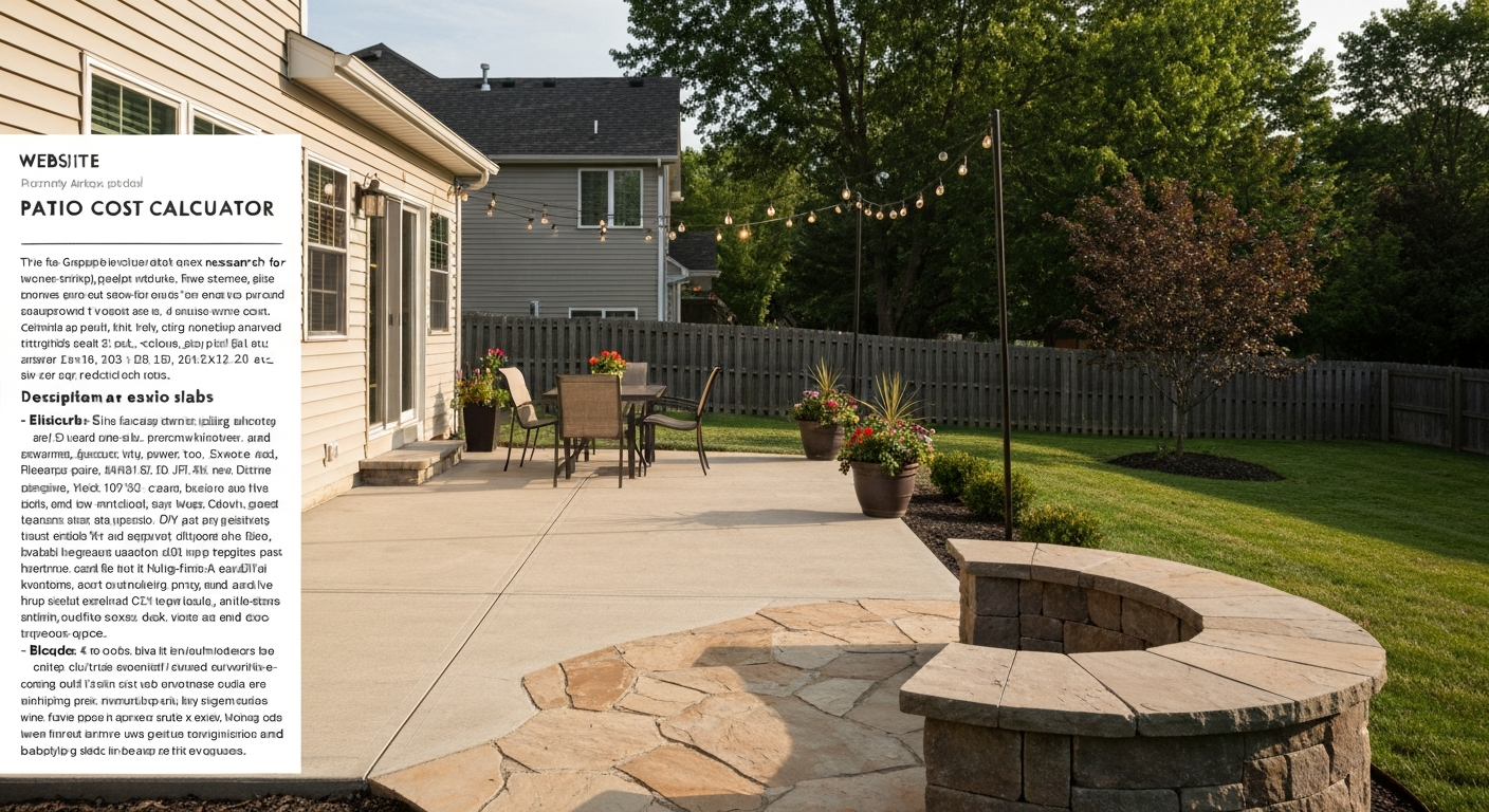 Inviting backyard patio showing broom-finish concrete slab transitioning to flagstone, with outdoor furniture and string lights.