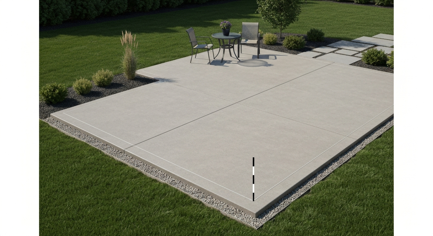 Photorealistic 3/4 view of a finished 12x12 concrete patio with broom finish, furniture, and a subtle scale indicator.