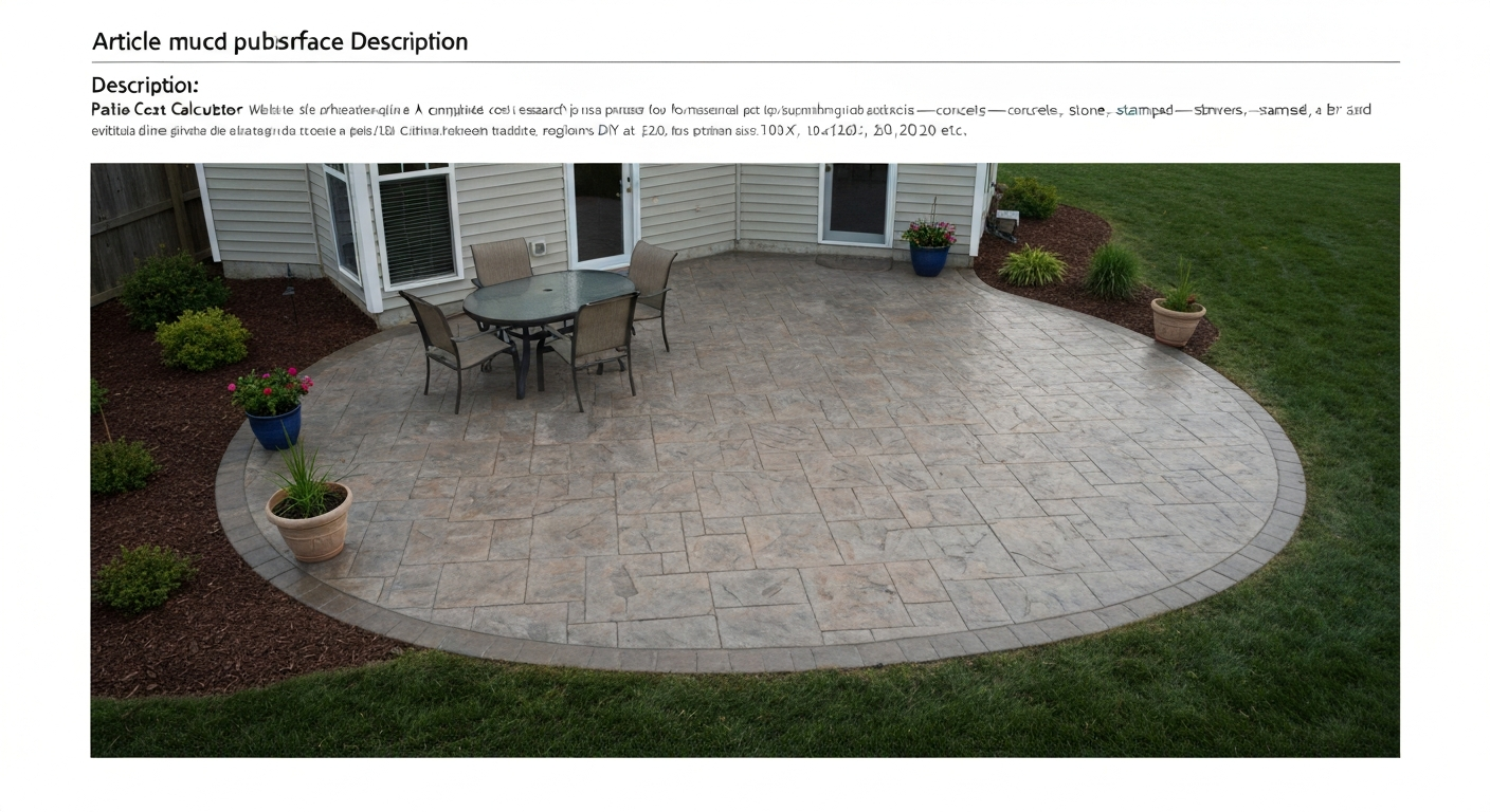 Freshly resurfaced stamped concrete patio with outdoor furniture, potted plants, and warm late-afternoon lighting.
