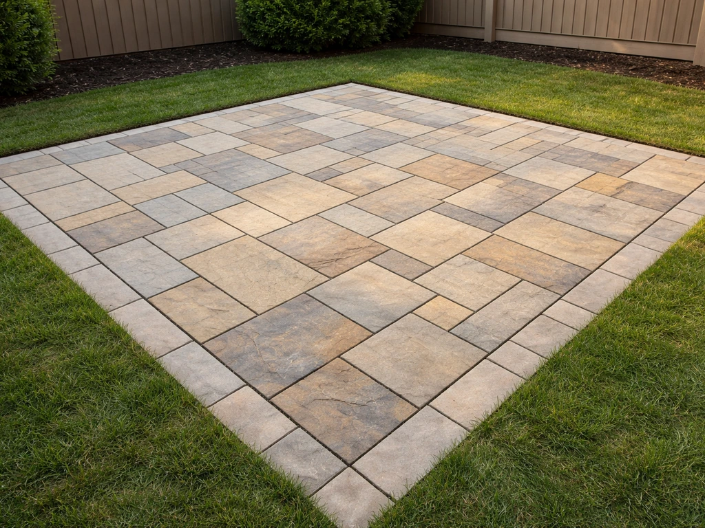 Finished 12x12 stone patio with visible joints and edging in a home backyard, viewed from slightly above.