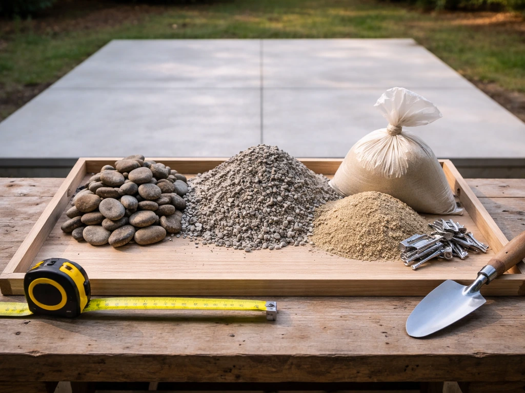 Close-up of stones, gravel, mortar, and tools arranged like a patio cost breakdown on a workbench.