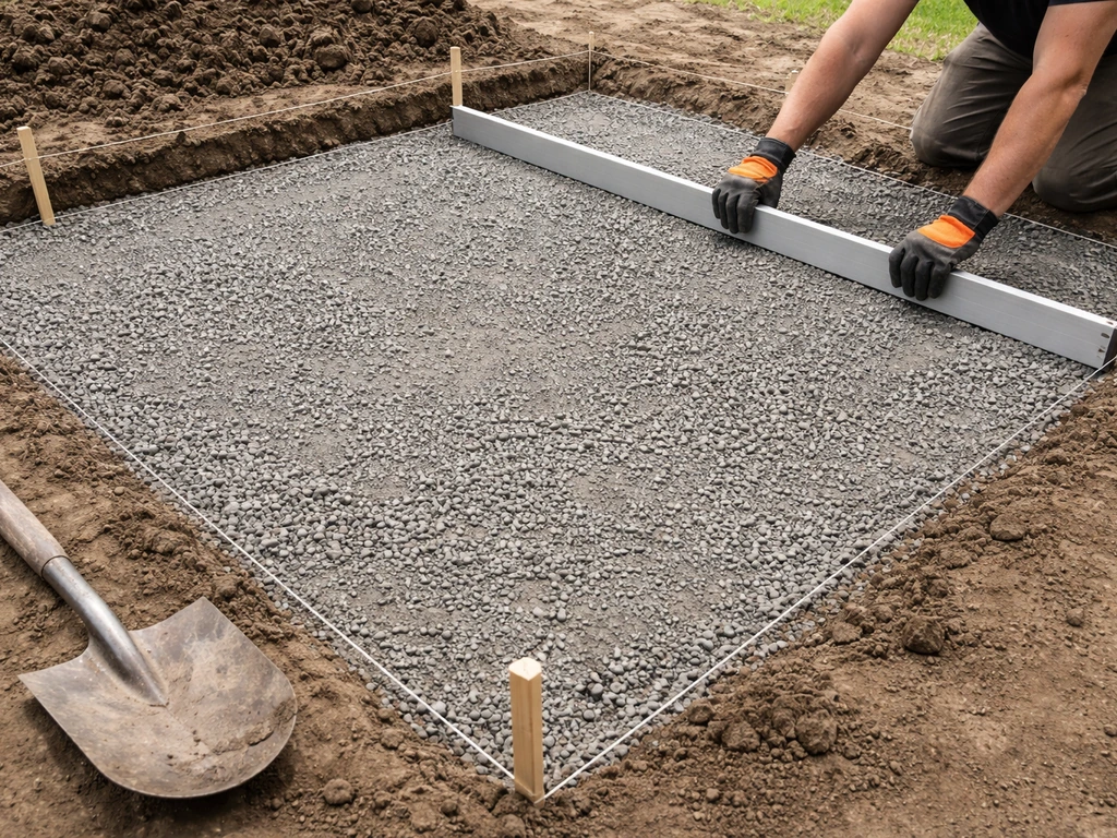 Worker using a shovel and straightedge to level compacted patio base inside a marked 12x12 footprint