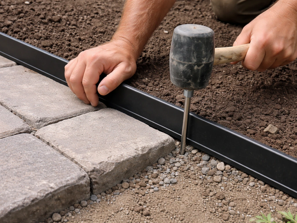 Worker fastens plastic/steel landscape edging along a patio perimeter to hold the base in place.