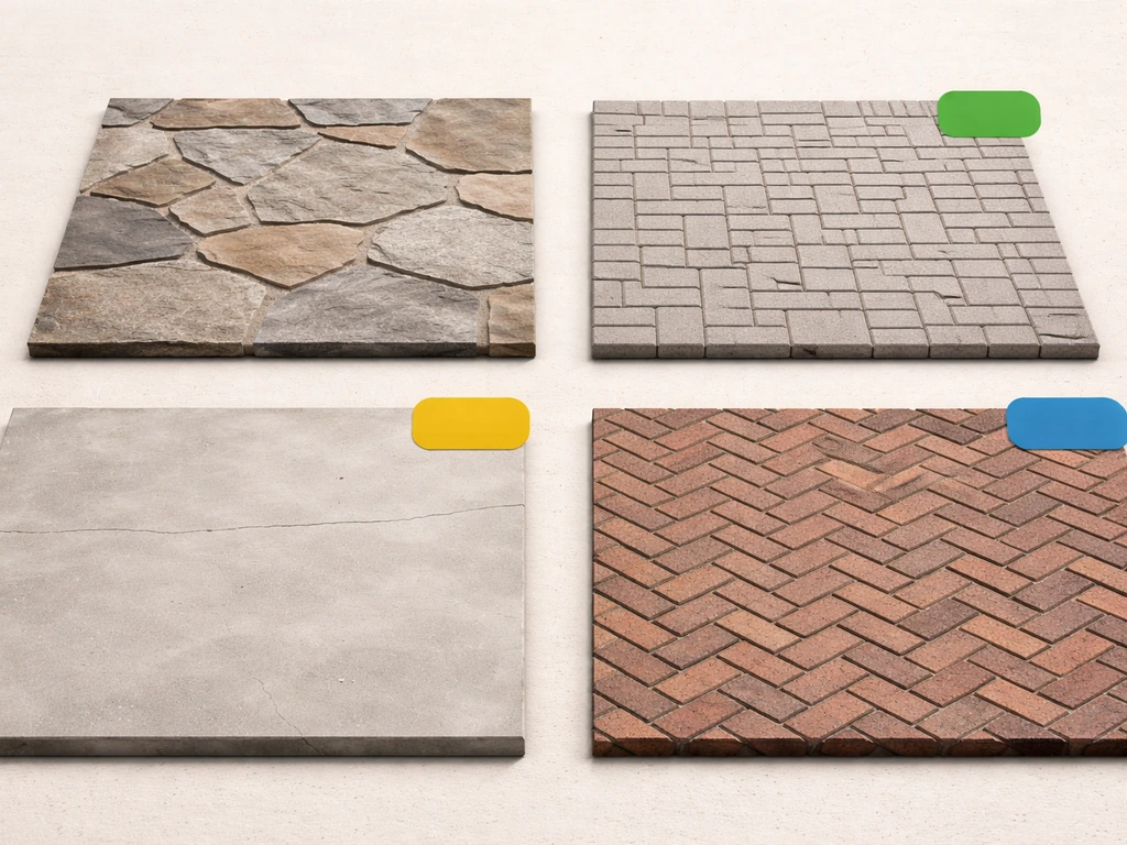 Four insets showing natural stone, pavers, concrete slab, and brick patio textures for a 12x12 comparison.