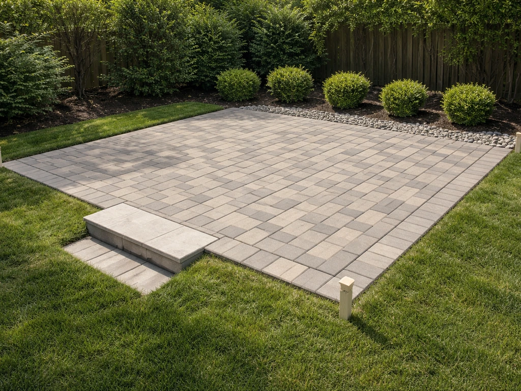 Finished backyard patio with clean rectangular paver surface and clear corner-to-edge dimension cues.
