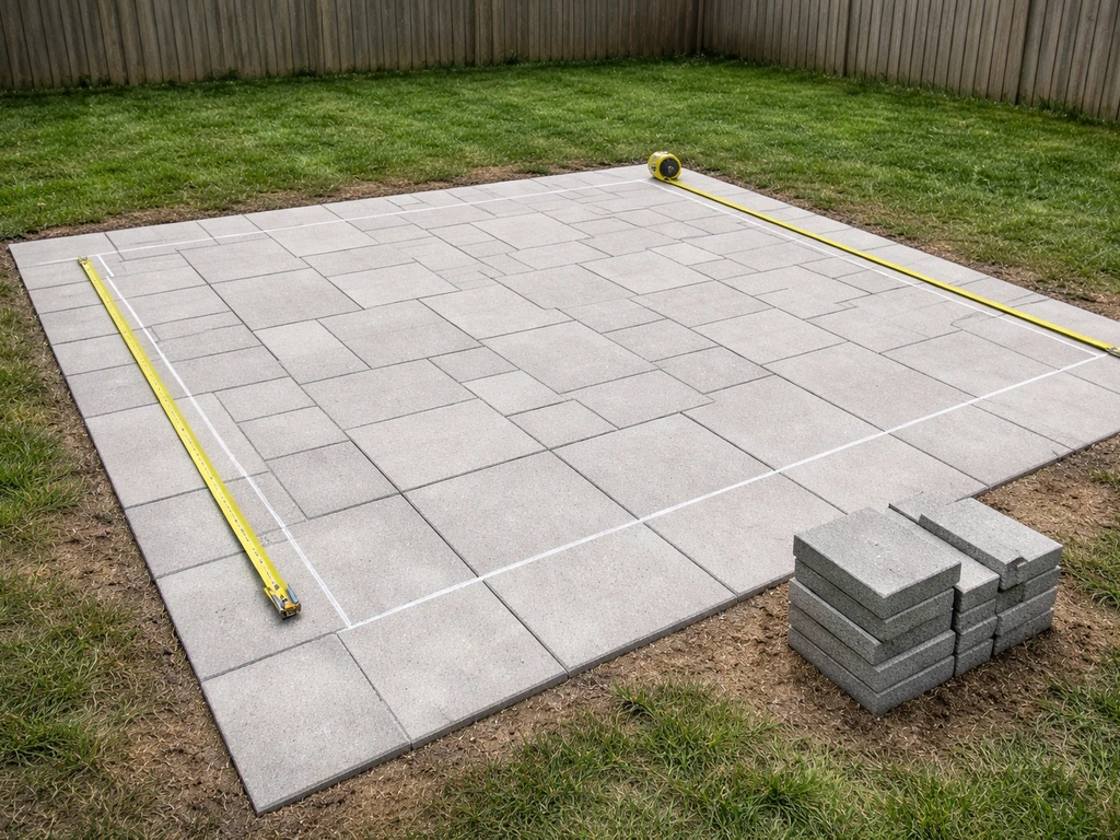 Minimal photo of a small paver patio with a chalk square outline and measuring tape to imply 12x12 cost scale.