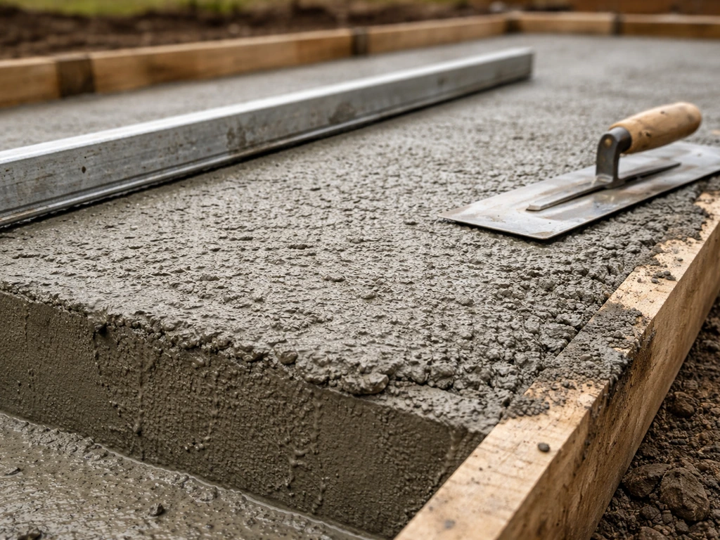 Close-up of plain poured concrete along a patio formwork edge with finishing tools