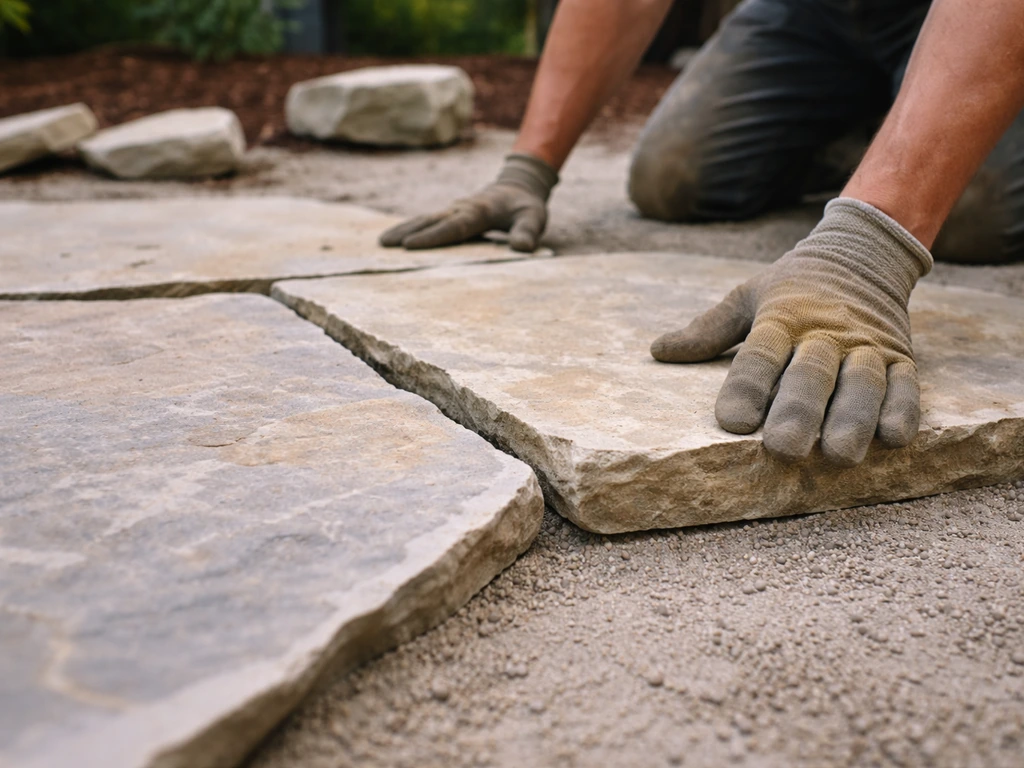 Gloved hands dry-laying irregular flagstone slabs on a patio base, with visible joints between stones.