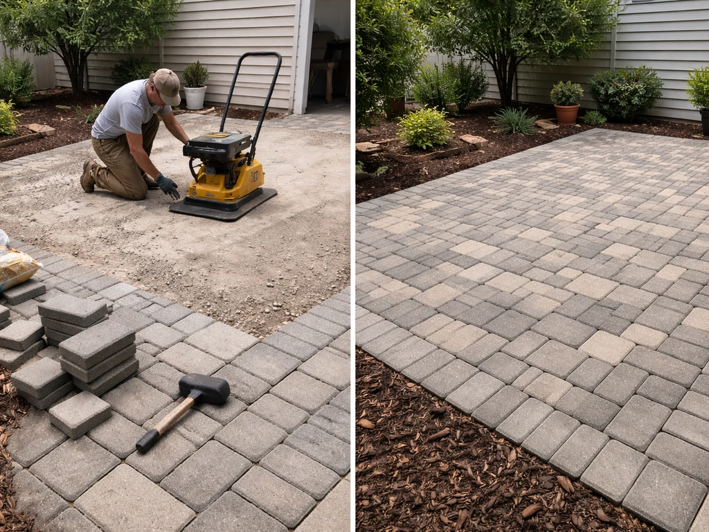 Anonymous homeowner compacts and lays pavers beside a neat, finished patio surface for contrast.