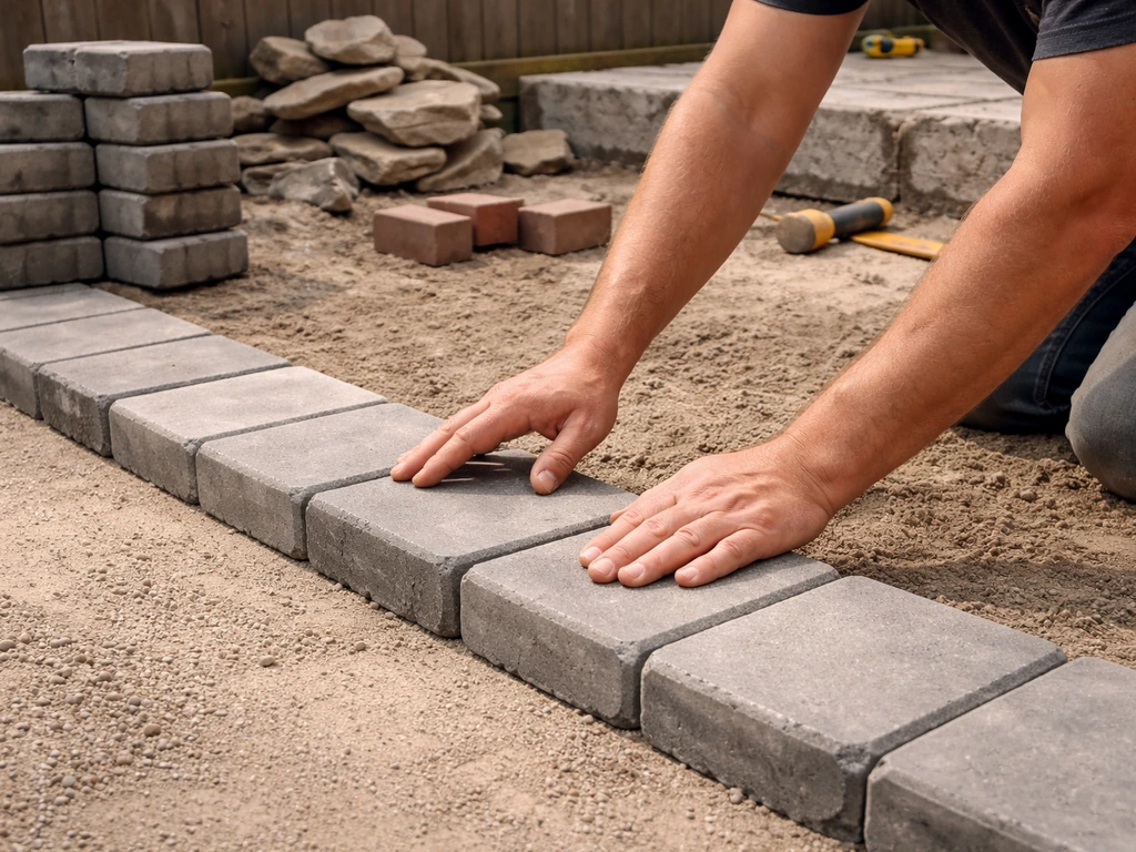 Minimal patio materials scene with contractor tools and neatly stacked pavers and stone, suggesting cost comparison