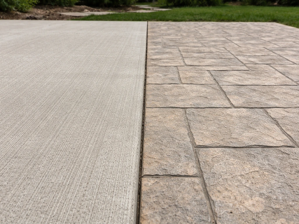 Two adjacent patio sections showing plain broom-finished concrete next to stamped concrete with a textured pattern.