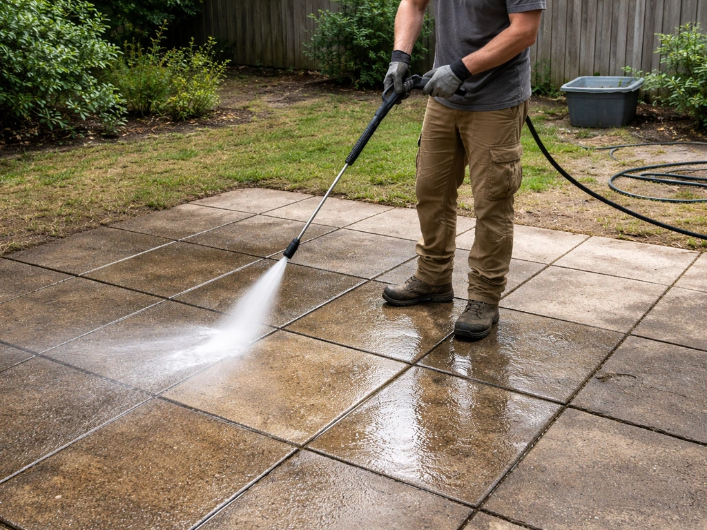 Home contractor pressure-washing a patio, showing clear rinse lines and water runoff in a clean residential yard.