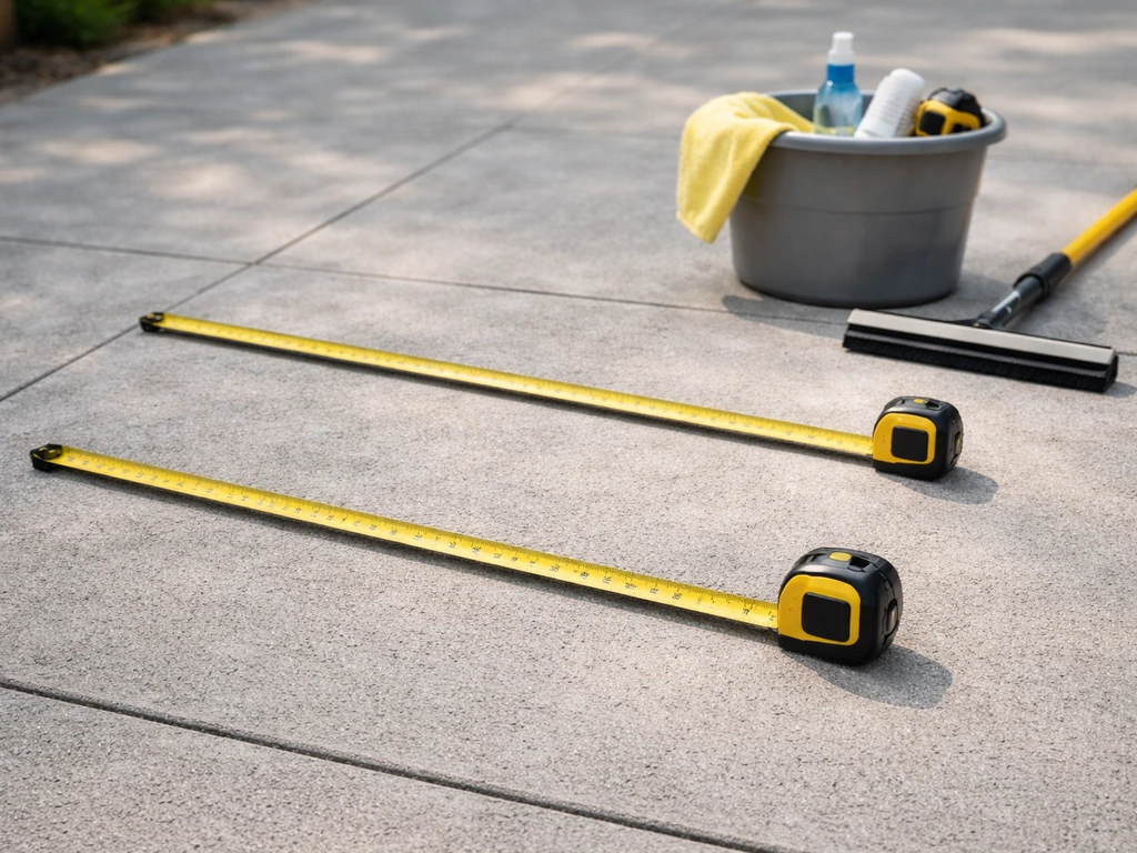 Minimal patio scene with measuring tapes and cleaning supplies indicating patio size pricing.