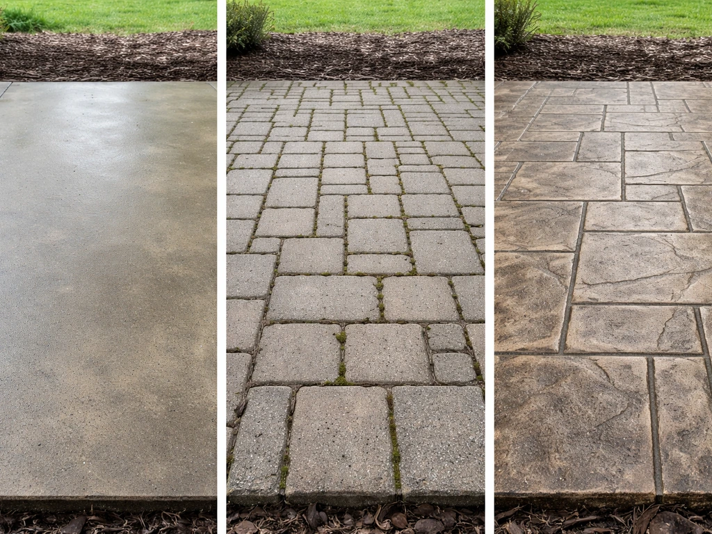 Minimal split-scene showing plain concrete, pavers, and stamped concrete patio surfaces with different buildup levels.