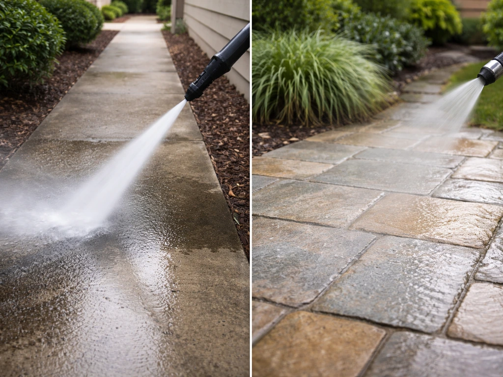 Split view of patio cleaning: high-pressure wash on concrete and low-pressure soft wash on delicate pavers.