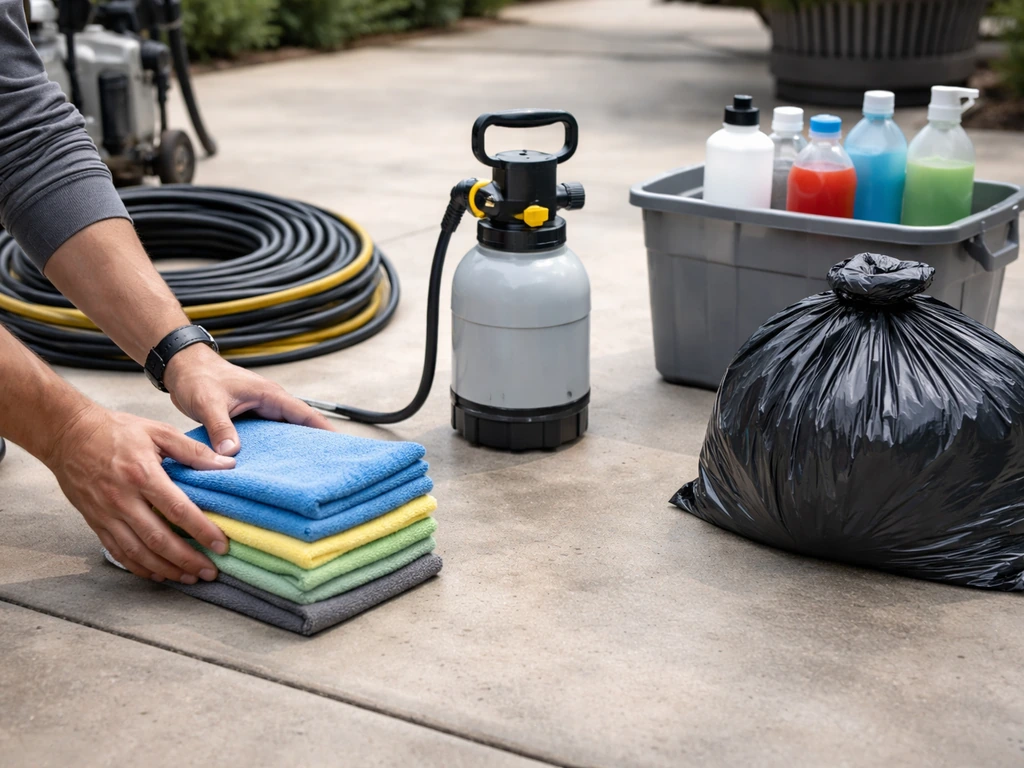 Contractor tools on a concrete patio with a small cooler of cleaning chemicals, showing cost breakdown categories