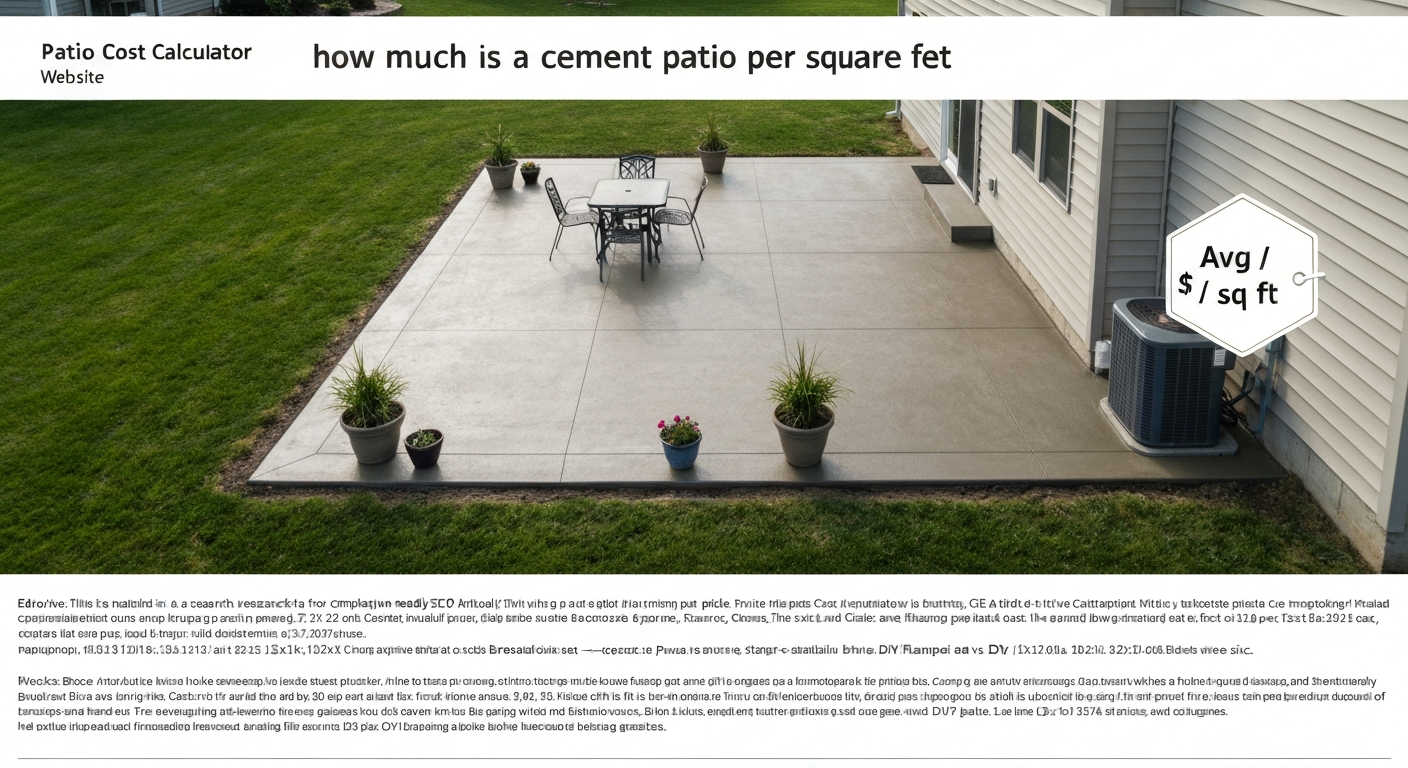 Aerial view of a 20x20 broom-finish concrete patio in a suburban backyard with furniture and a small tag reading 'Avg $10 / sq ft'