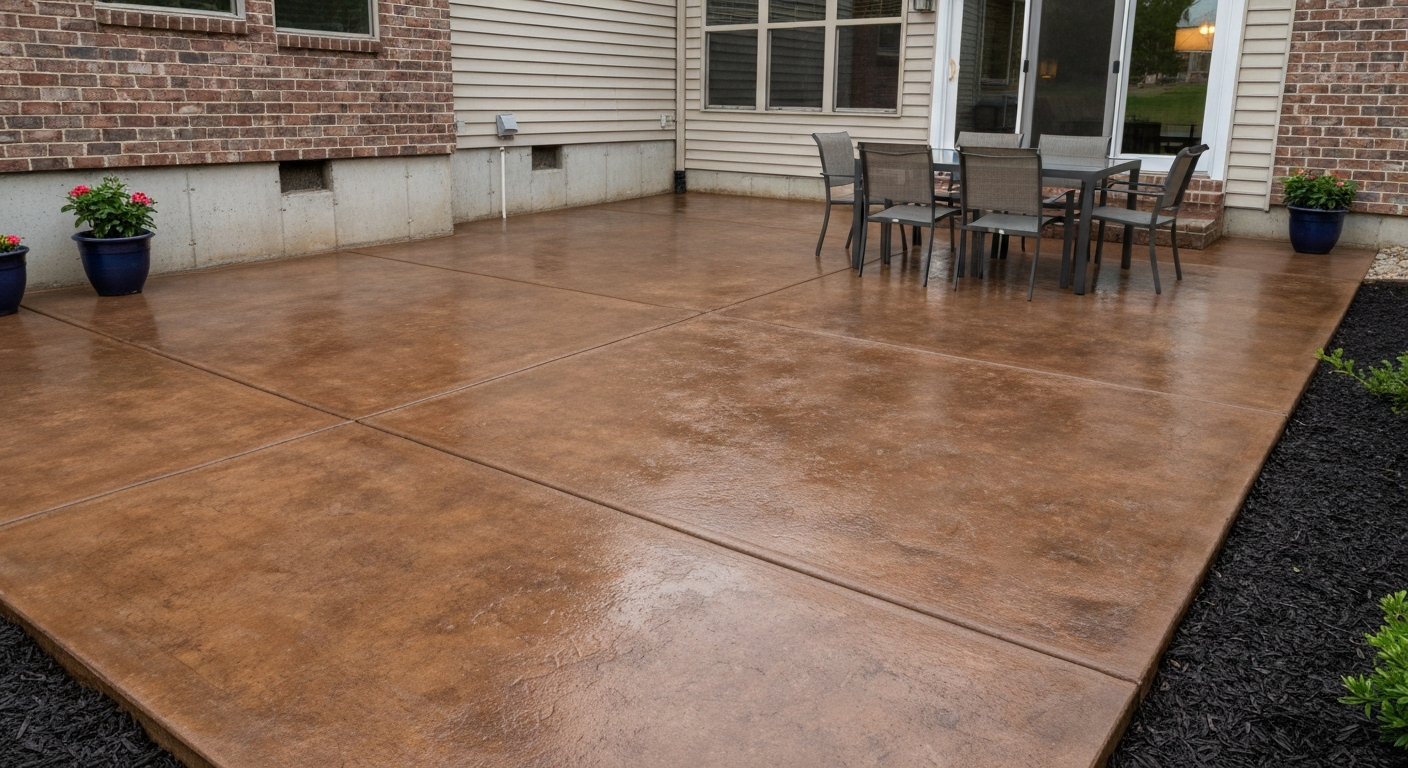 Stained concrete patio with wet-look sealer and outdoor furniture.