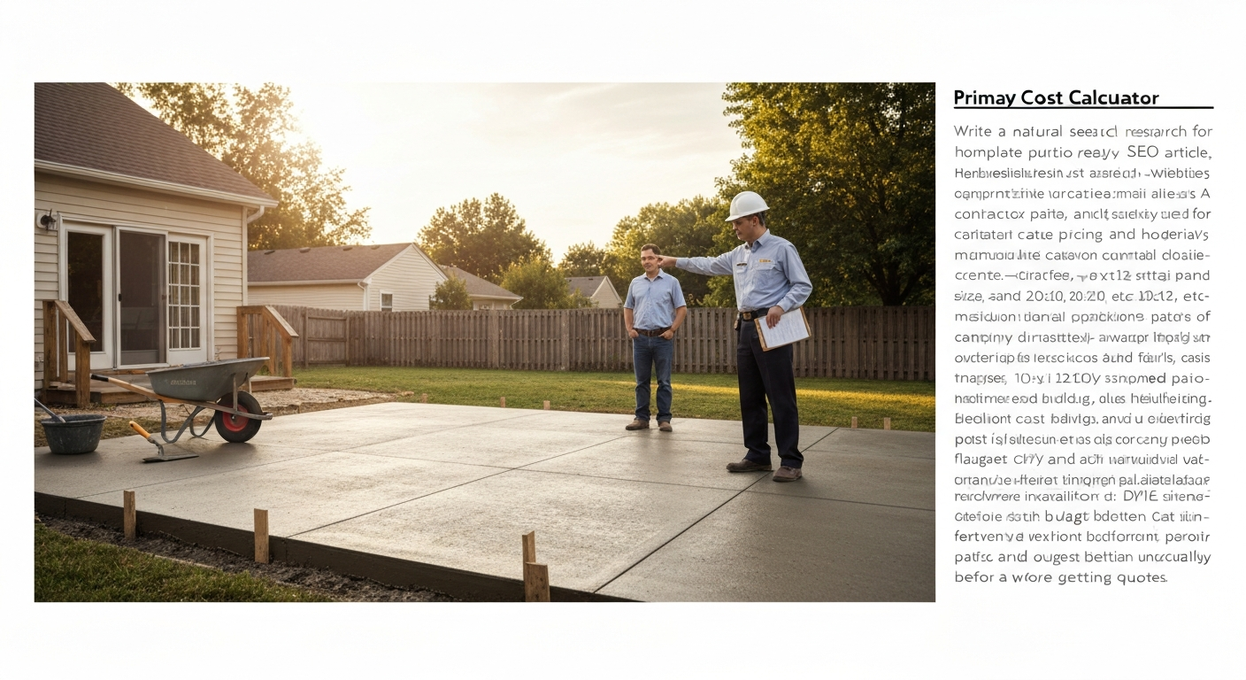 Building inspector reviewing stamped permit documents beside a newly poured concrete patio in a suburban backyard.