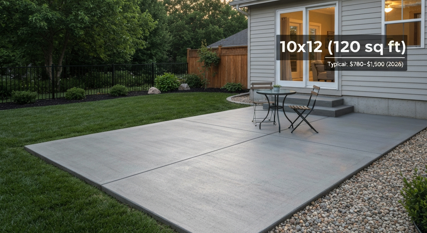 Photorealistic 10x12 concrete patio in a backyard with broom finish, furniture, and overlay text showing dimensions and a typical price range.
