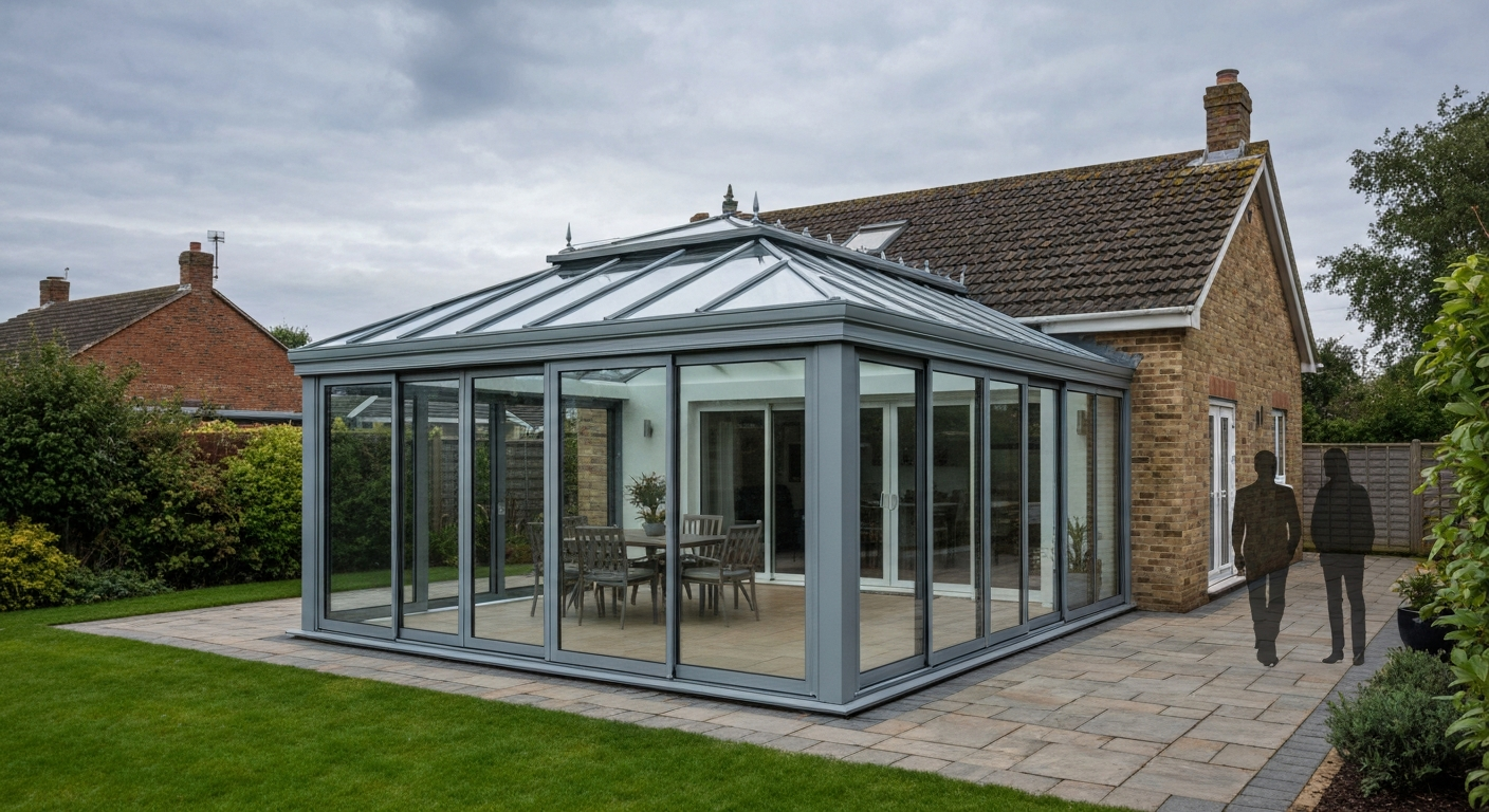 Modern glass garden patio attached to a house with aluminium frames and a glass roof, daytime exterior view.