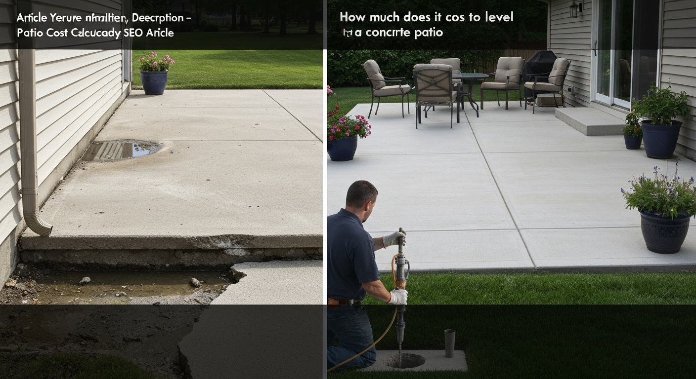 Before-and-after split view of a leveled concrete patio with a contractor injecting foam to lift the slab.