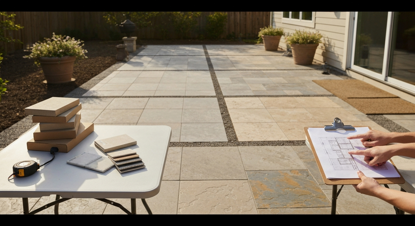 Wide-angle photorealistic view of a tiled backyard patio with tile samples, measuring tape, and a contractor's hands pointing at plans.
