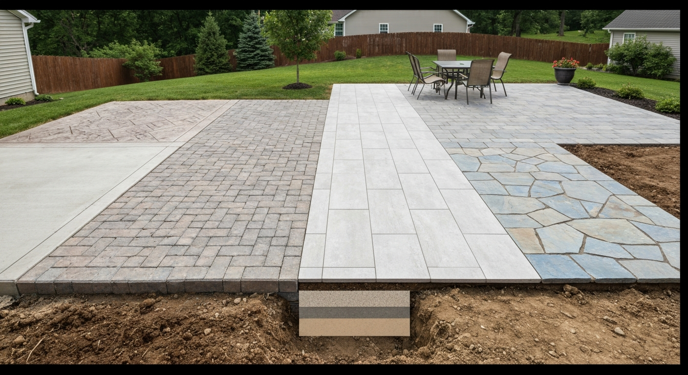 Composite backyard patio showing poured concrete, stamped concrete, pavers, porcelain tiles, and flagstone with a small cutaway revealing base layers.