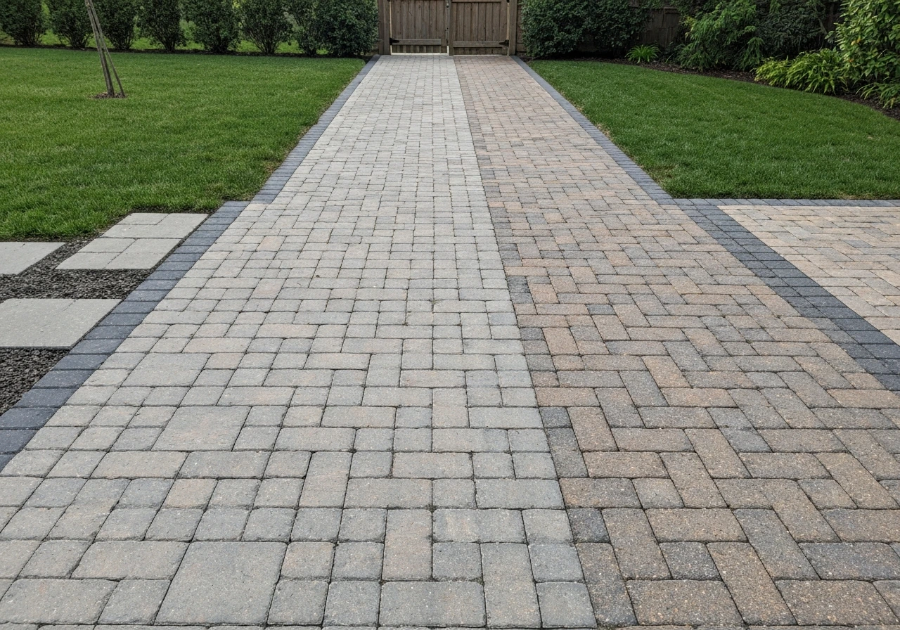 Minimal backyard patio with pavers laid in three finishes, showing a realistic cost-range context