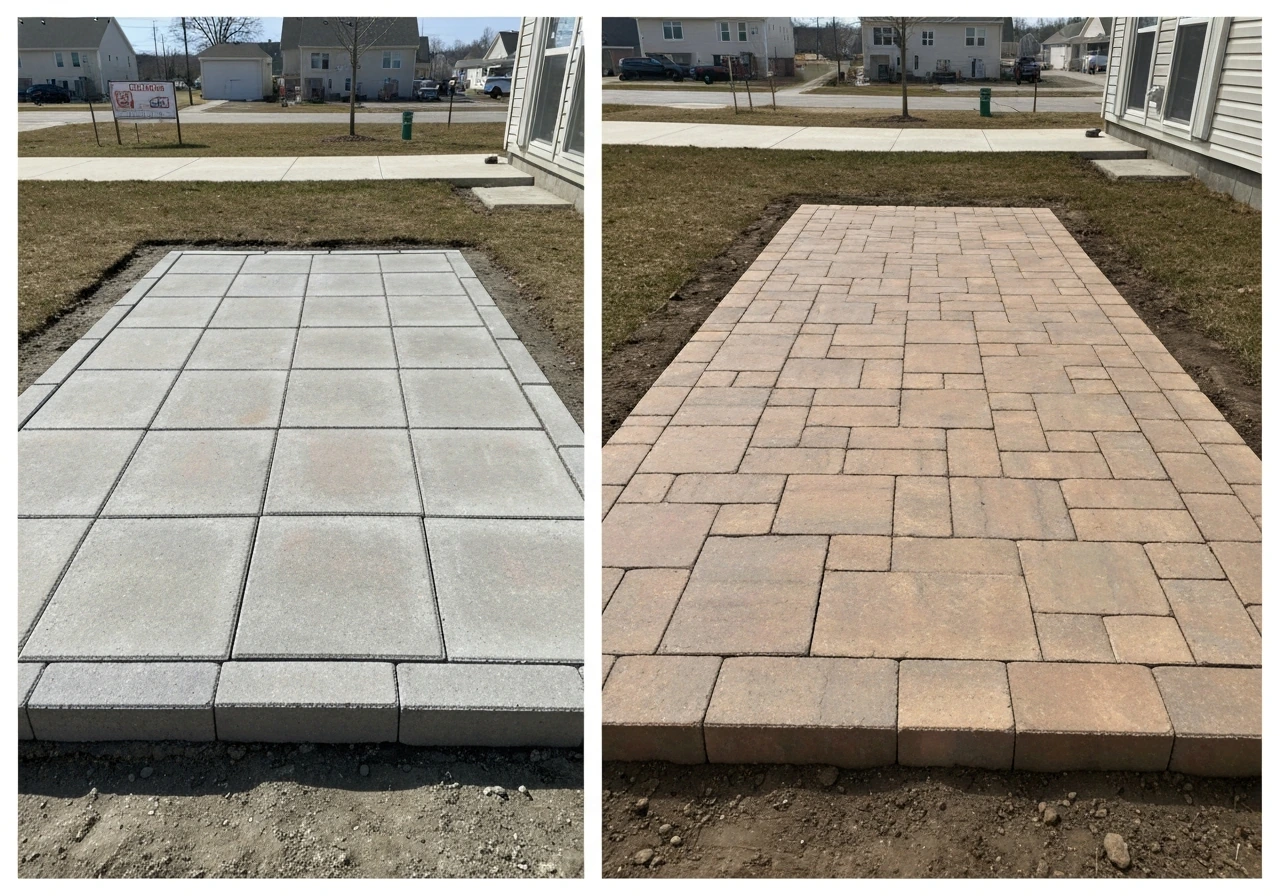 Two simple outdoor patio areas side by side with basic and upgraded paver finishes and clean edging.
