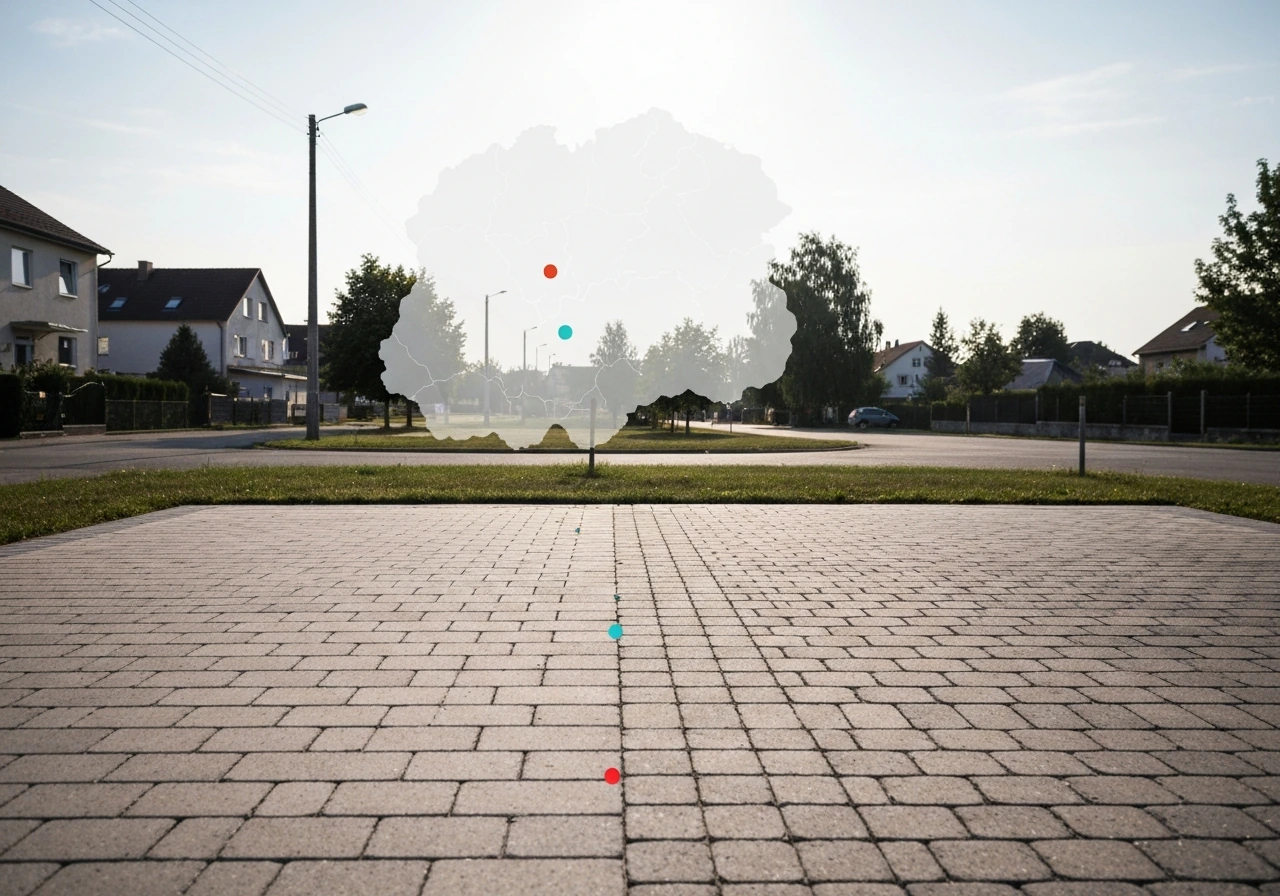 Minimal regional landscape with cost-like markers and a close-up showing simple vs intricate paver patio patterns.