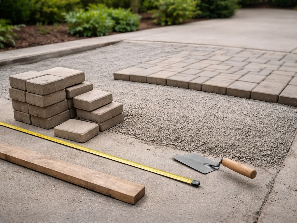 Outdoor materials-and-install comparison: measuring tape, pavers, and base gravel for a patio cost example.