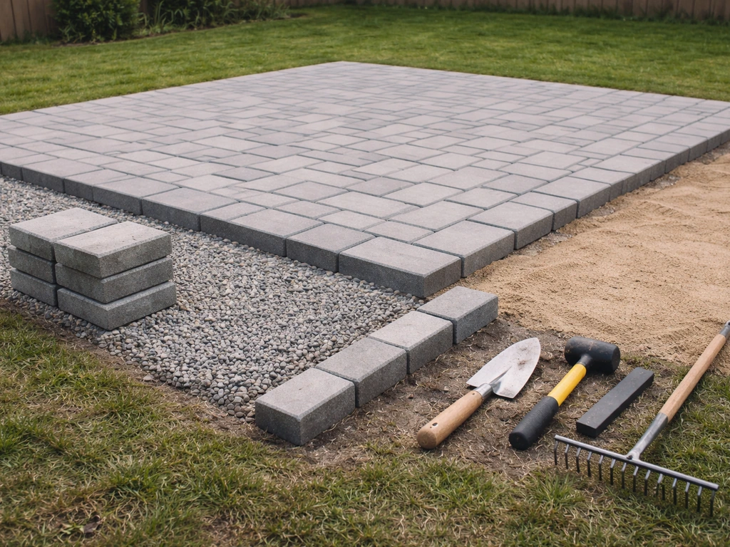 Minimal backyard patio showing pavers, base gravel, sand, edging, and tools arranged like line items.