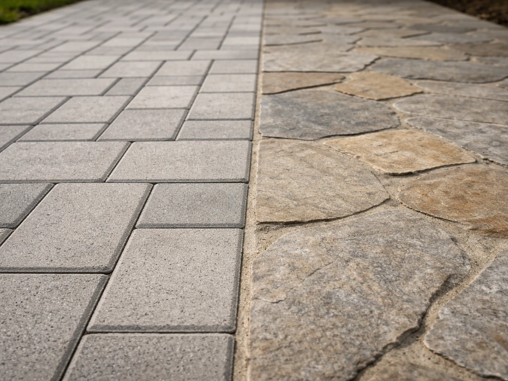 Side-by-side walkway sections showing concrete pavers versus natural flagstone textures and finishes.
