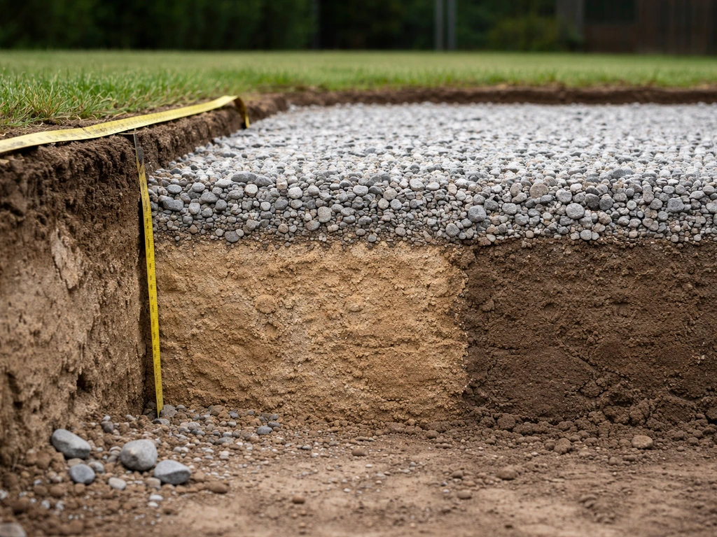 Excavation cross-section showing sandy and clay-like soil with layered gravel base depth