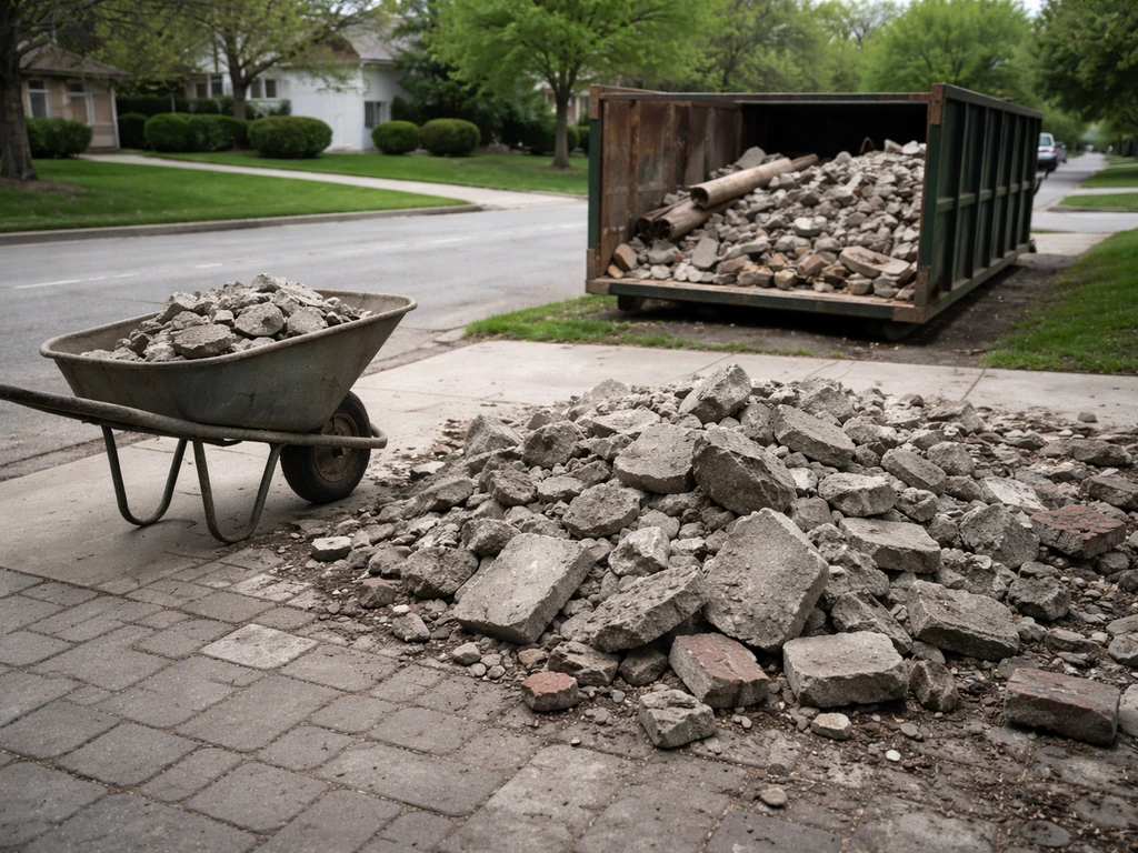Broken patio concrete and old pavers piled near a wheelbarrow and open dumpster.